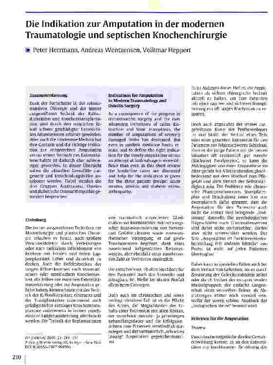 Vorschauseite 1: Die Indikation zur Amputation in der modernen Traumatologie und septischen Knochenchirurgie