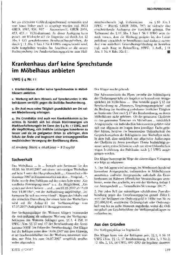 Vorschauseite 1: Krankenhaus darf keine Sprechstunde im Möbelhaus anbieten