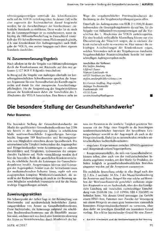 Vorschauseite 1: Die besondere Stellung der Gesundheitshandwerke