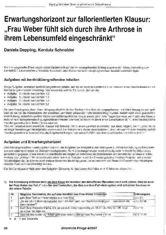 Vorschauseite 1: Erwartungshorizont zur fallorientierten Klausur:„Frau Weber fühlt sich durch ihre Arthrose in ihrem Lebensumfeld eingeschränkt
