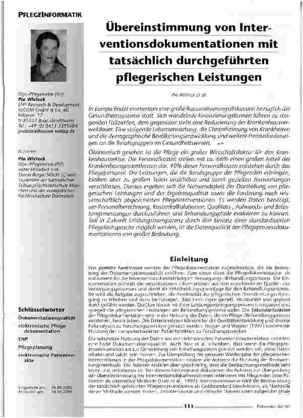 Vorschauseite 1: Übereinstimmung von Interventionsdokumentationen mit tatsächlich durchgeführten pflegerischen Leistungen