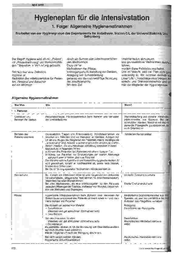 Vorschauseite 1: Hygieneplan für die Intensivstation 1. Folge: Allgemeine Hygienemaßnahmen