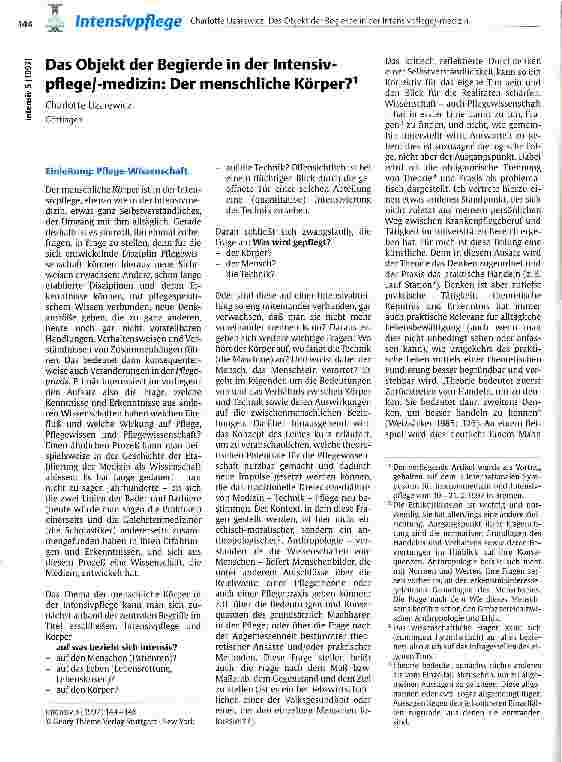 Vorschauseite 1: Das Objekt der Begierde in der Intensivpflege/-medizin: Der menschliche Körper?