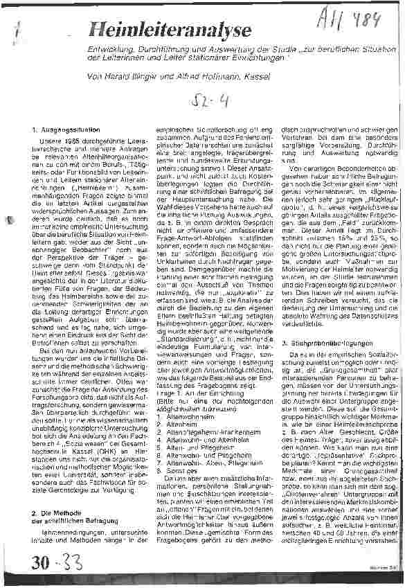 Vorschauseite 1: Heimleiteranalyse/Entwicklung, Durchführung und Auswertung der Studie zur beruflichen Situation der Leiter(innen) stationärer Einrichtg.