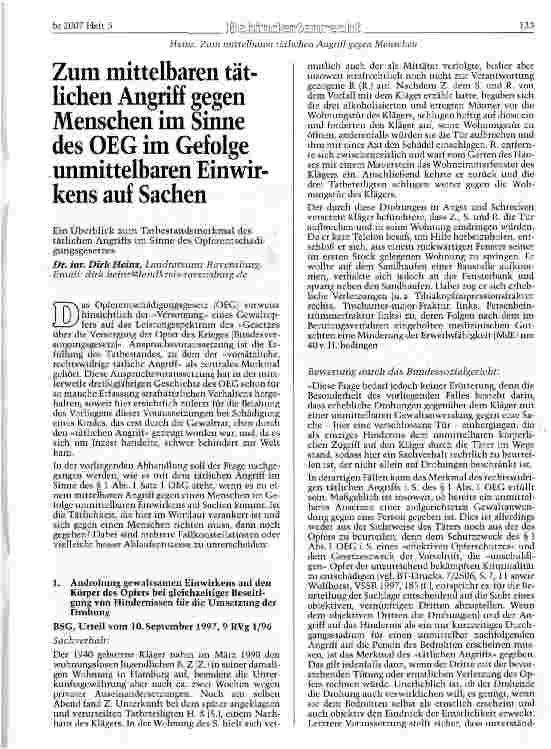 Vorschauseite 1: Zum mittelbaren tätlichen Angriff gegen Menschen im Sinne des OEG im Gefolge unmittelbaren Einwir-kens auf Sachen