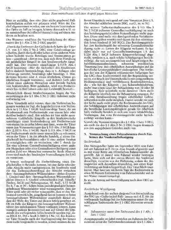 Vorschauseite 4: Zum mittelbaren tätlichen Angriff gegen Menschen im Sinne des OEG im Gefolge unmittelbaren Einwir-kens auf Sachen