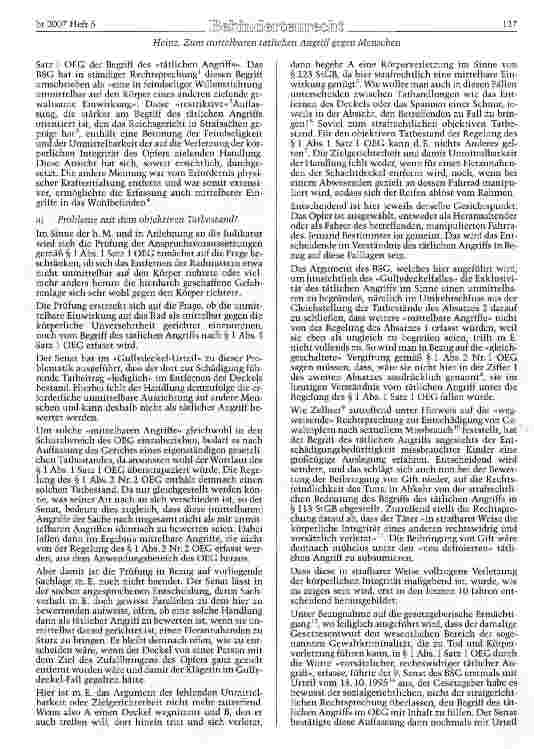 Vorschauseite 5: Zum mittelbaren tätlichen Angriff gegen Menschen im Sinne des OEG im Gefolge unmittelbaren Einwir-kens auf Sachen