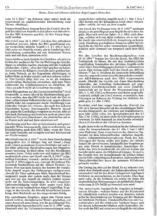 Vorschauseite 6: Zum mittelbaren tätlichen Angriff gegen Menschen im Sinne des OEG im Gefolge unmittelbaren Einwir-kens auf Sachen