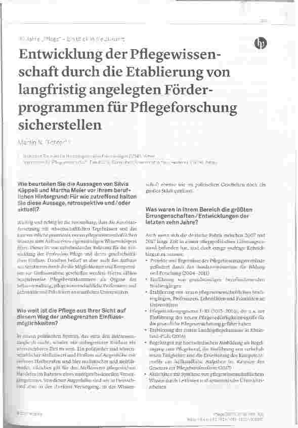 Vorschauseite 1: Entwicklung der Pflegewissenschaft durch die Etablierung von langfristig angelegten Förderprogrammen für Pflegeforschung sicherstellen