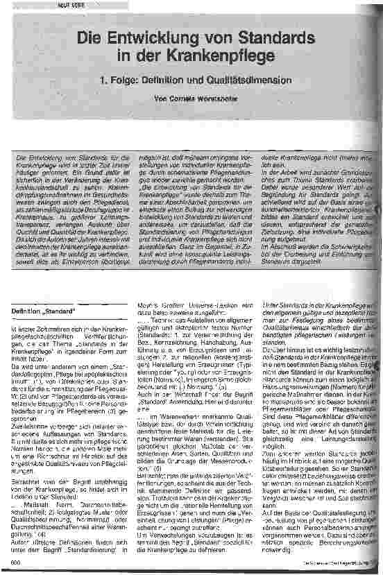 Vorschauseite 1: Die Entwicklung von Standards in der Krankenpflege 1. Folge: Definition und Qualitätsdimension