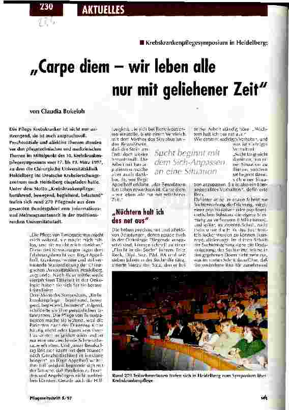Vorschauseite 1: Carpe diem - wir leben alle nur mit geliehener Zeit Krebskrankenpflegesymposium in Heidelberg