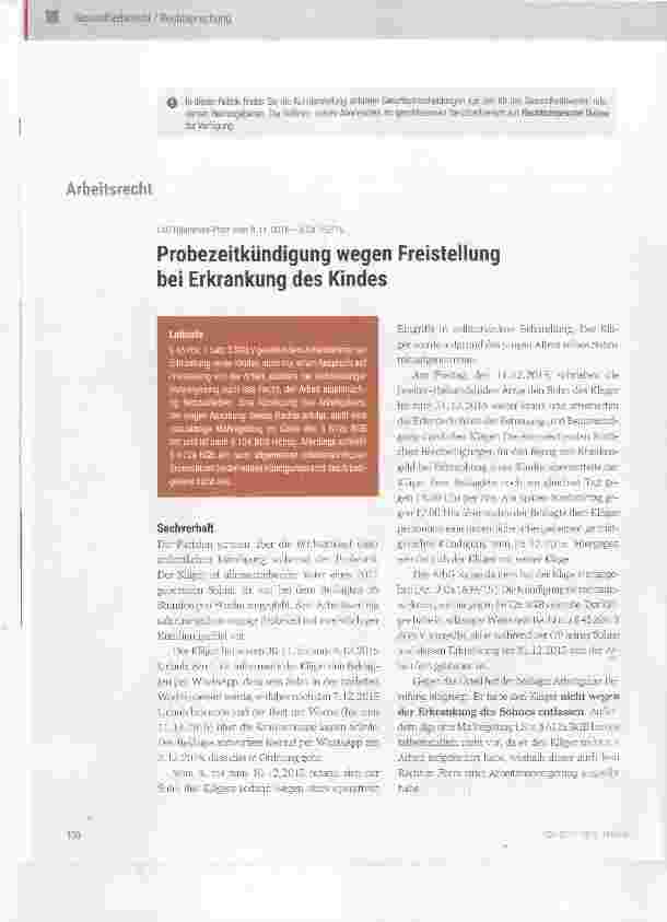 Vorschauseite 1: Probezeitkündigung wegen Freistellung bei Erkrankung des Kindes