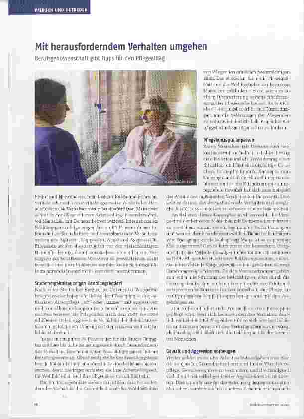 Vorschauseite 1: Mit herausforderndem Verhalten umgehen Berufsgenossenschaft gibt Tipps für den Pflegealltag