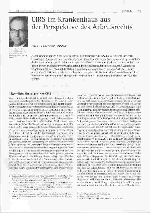 Vorschauseite 1: CIRS im Krankenhaus aus der Perspektive des Arbeitsrechts