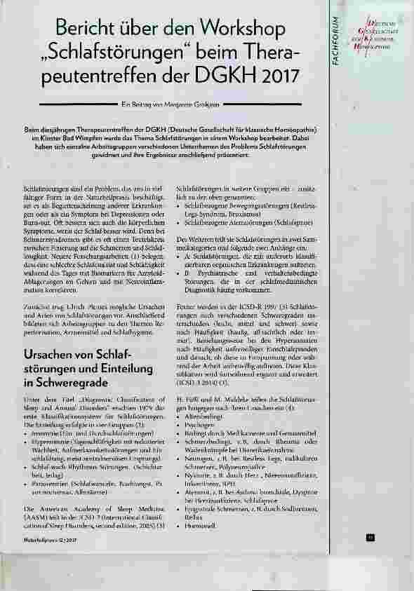 Vorschauseite 1: Bericht über den Workshop „Schlafstörungen“ beim Therapeutentreffen der DGKH 2017