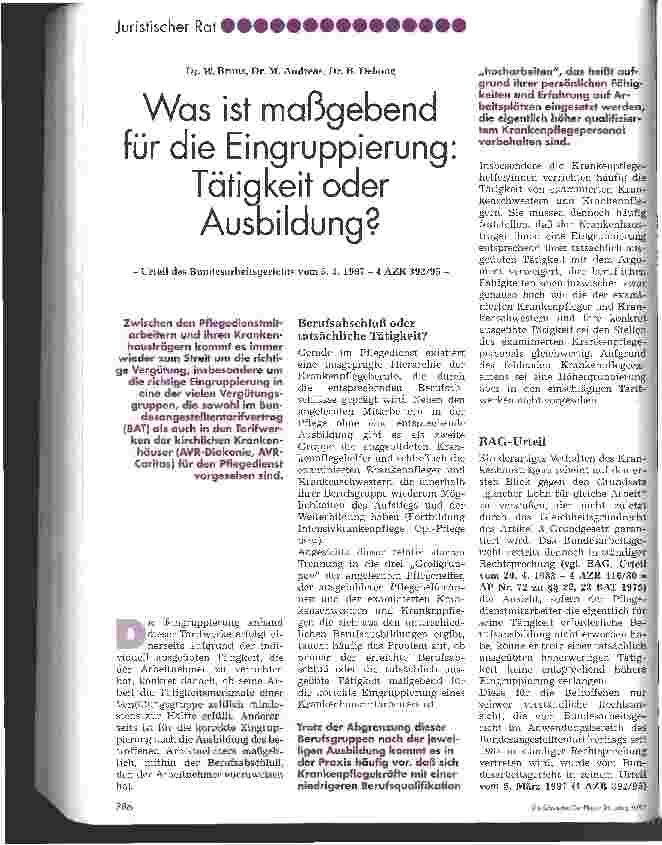 Vorschauseite 1: Was ist maßgebend für die Eingruppierung: Tätigkeit oder Ausbildung? - Urteil des Bundesgerichts vom 5. 3. 1997 - 4 AZR 392/95 -