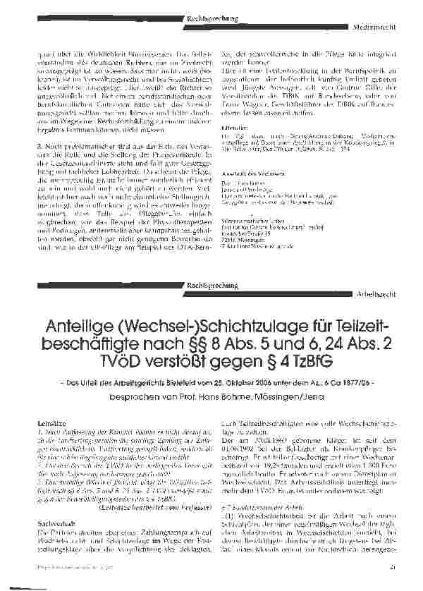 Vorschauseite 1: Anteilige (Wechsel-)Schichtzulage für Teilzeitbeschäftigte nach §§ 8 Abs. 5 und 6,24 Abs. 2 TVöD verstößt gegen § 4 TzBfG