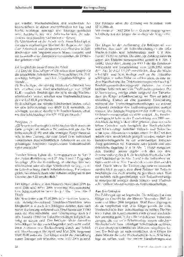 Vorschauseite 2: Anteilige (Wechsel-)Schichtzulage für Teilzeitbeschäftigte nach §§ 8 Abs. 5 und 6,24 Abs. 2 TVöD verstößt gegen § 4 TzBfG