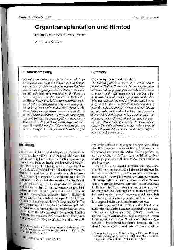 Vorschauseite 1: Organtransplantation und Hirntod Ein kritischer Beitrag zur Hirntoddefinition