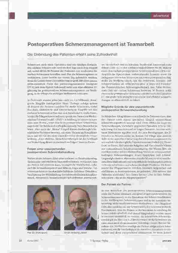 Vorschauseite 1: Postoperatives Schmerzmanagement ist Teamarbeit Die Einbindung des Patienten erhöht seine Zufriedenheit
