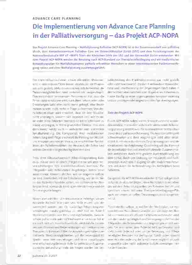 Vorschauseite 1: Die ImplemeTitieruTtg von Advance Care Planning in der Palliativversorgung das Projekt ACP-NOPA