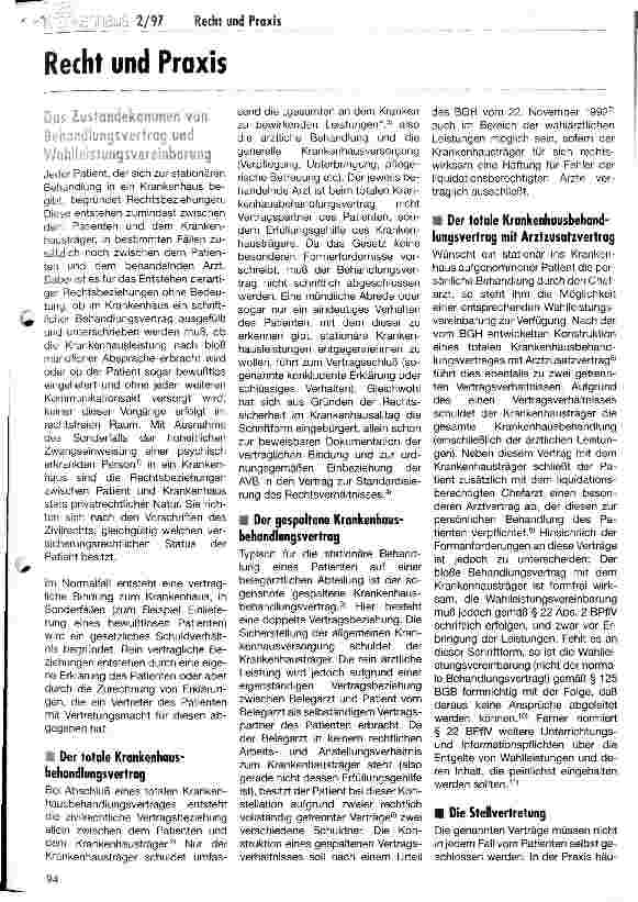 Vorschauseite 1: Das Zustandekommen von Behandlungsvertrag und Wahlleistungsvereinbarung