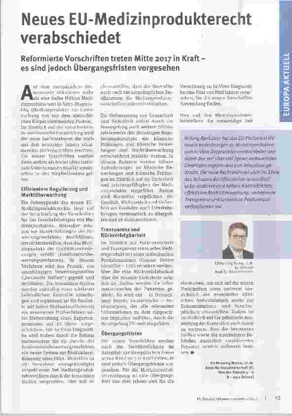 Vorschauseite 1: Neues EU-Medizinprodukterecht verabschiedet