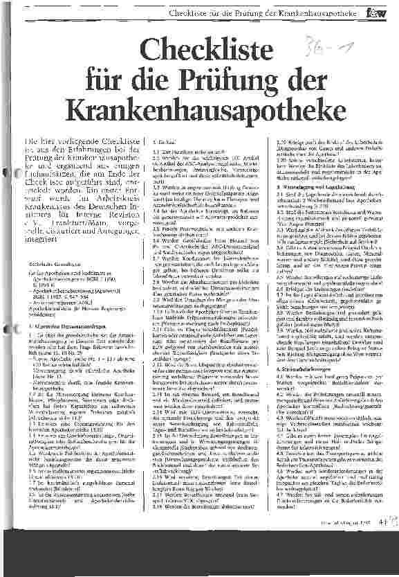 Vorschauseite 1: Checkliste für die Prüfung der Krankenhausapotheke