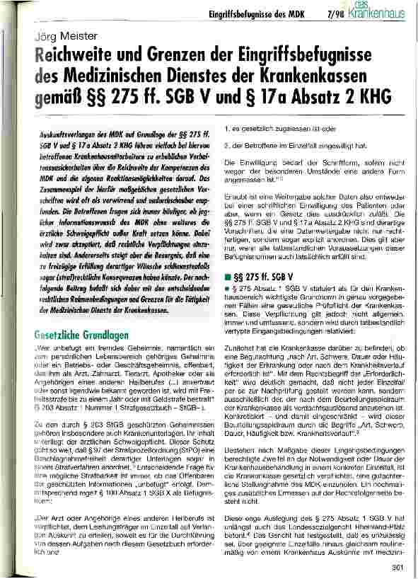 Vorschauseite 1: Reichweite und Grenzen der Eingriffsbefugnisse des Medizinischen Dienstes der Krankenkassen gemäß  275 ff. SGB V und  17a Absatz 2 KHG