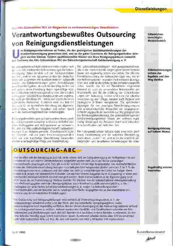 Vorschauseite 1: Verantwortungsbewußtes Outsourcing von Reinigungsdienstleistungen Das RAL-Gütezeichen 902 als Wegweiser zu vertrauenswürdigen Dienstleistern