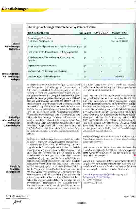 Vorschauseite 2: Verantwortungsbewußtes Outsourcing von Reinigungsdienstleistungen Das RAL-Gütezeichen 902 als Wegweiser zu vertrauenswürdigen Dienstleistern