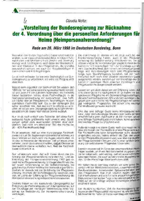 Vorschauseite 1: Vorstellung der Bundesregierung zur Rücknahme der 4.Verordnung über die personellen Anforderungen für Heime (Heimpersonalverordnung)