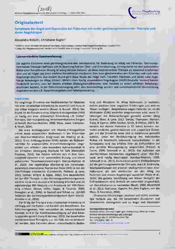 Vorschauseite 1: Symptome der Angst und Depression bei Patienten mit oraler gerinnungshemmender Therapie und deren Angehörigen