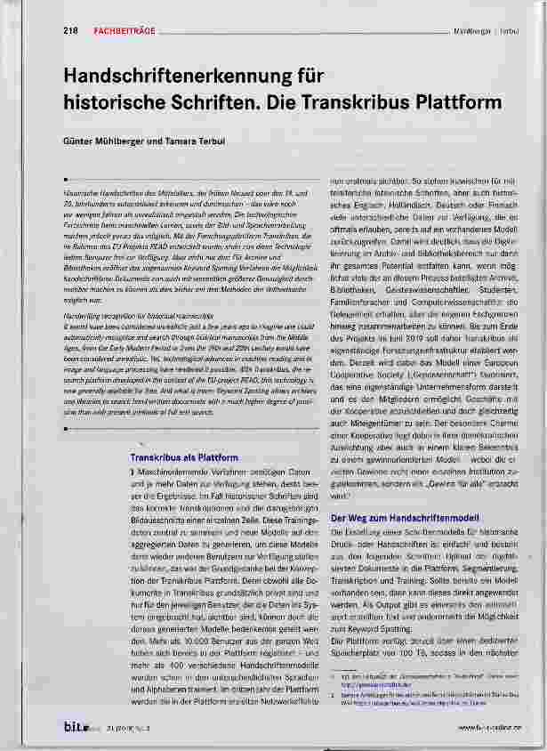 Vorschauseite 1: Handschriftenerkennung für historische Schriften. Die Transkribus Plattform