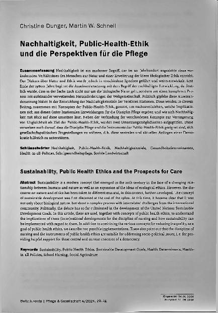 Vorschauseite 1: Nachhaltigkeit, Public-Health-Ethik und die Perspektiven für die Pflege