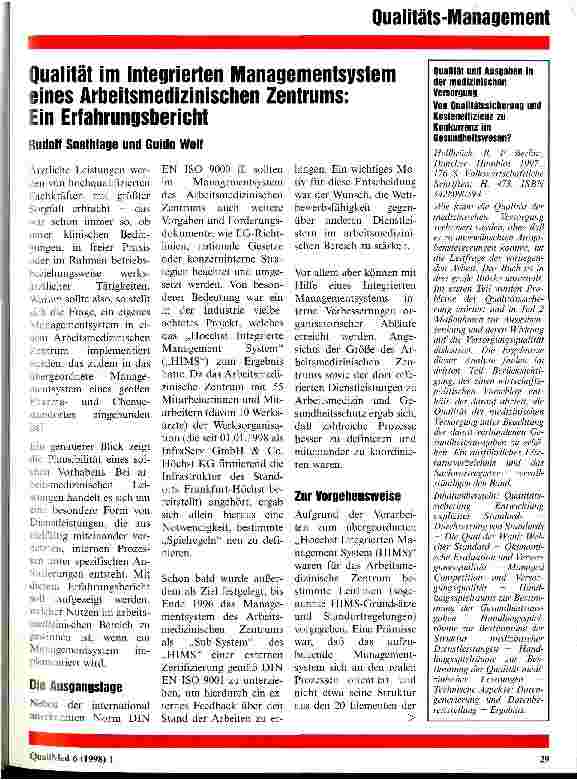 Vorschauseite 1: Qualität im Integrierten Managementsystem eines Arbeitsmedizinischen Zentrums: Ein Erfahrungsbericht