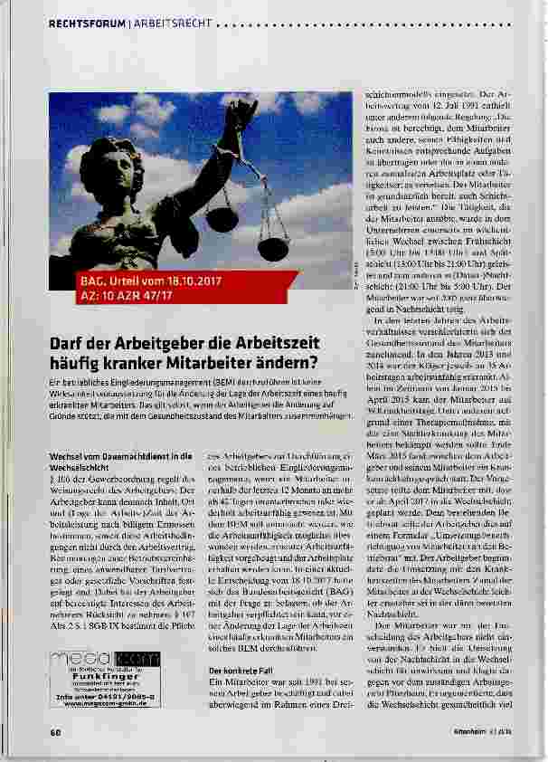 Vorschauseite 1: Darf der Arbeitgeber die Arbeitszeit häufig kranker Mitarbeiter ändern?