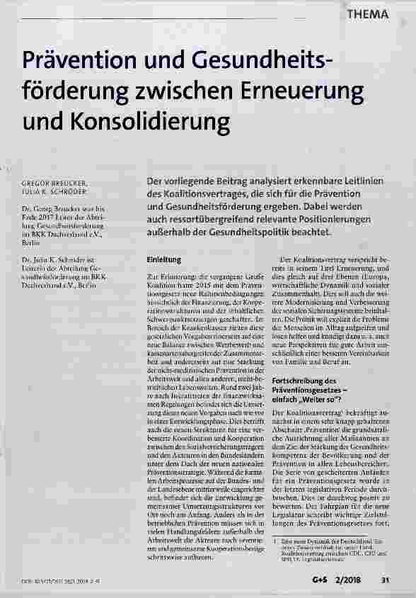 Vorschauseite 1: Prävention und Gesundheitsförderung zwischen Erneuerung und Konsolidierung