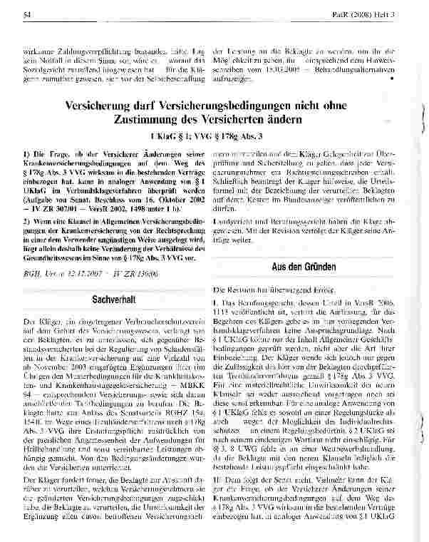 Vorschauseite 1: Versicherung darf Versicherungsbedingungen nicht ohne Zustimmung des Versicherten ändern