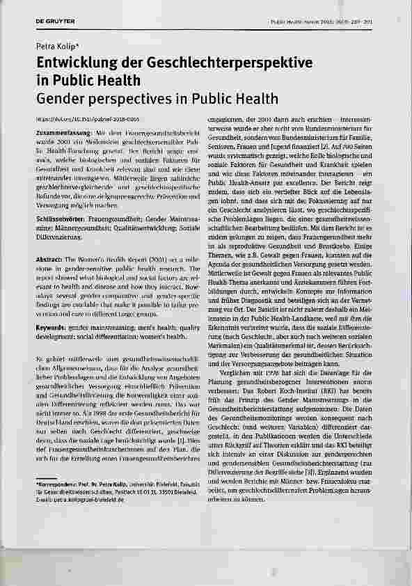 Vorschauseite 1: Entwicklung der Geschlechterperspektive in Public HealthGender perspectives in Public Health