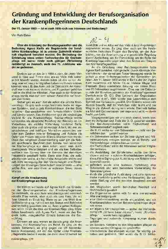 Vorschauseite 1: Gründung und Entwicklung der Berufsorganisation der Krankenpflegerinnen Deutschlands - 11. Januar 1903
