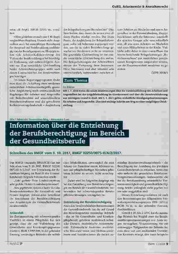 Vorschauseite 1: Information über die Entziehung der Berufsberechtigung im Bereich der Gesundheitsberufe