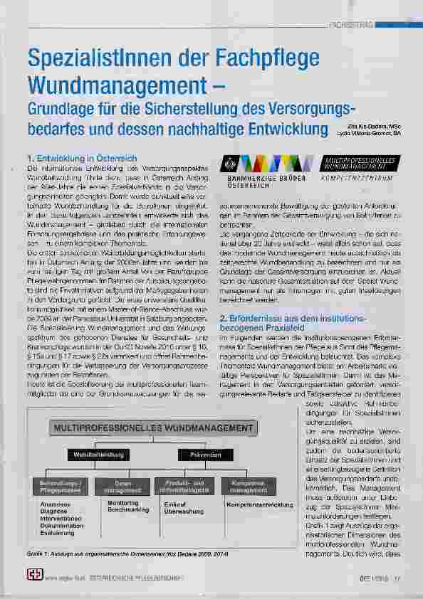 Vorschauseite 1: Spezialistinnen der Fachpflege Wundmanagement Grundlage für die Sicherstellung des Versorgungsbedarfes und dessen nachhaltige Entwicklung