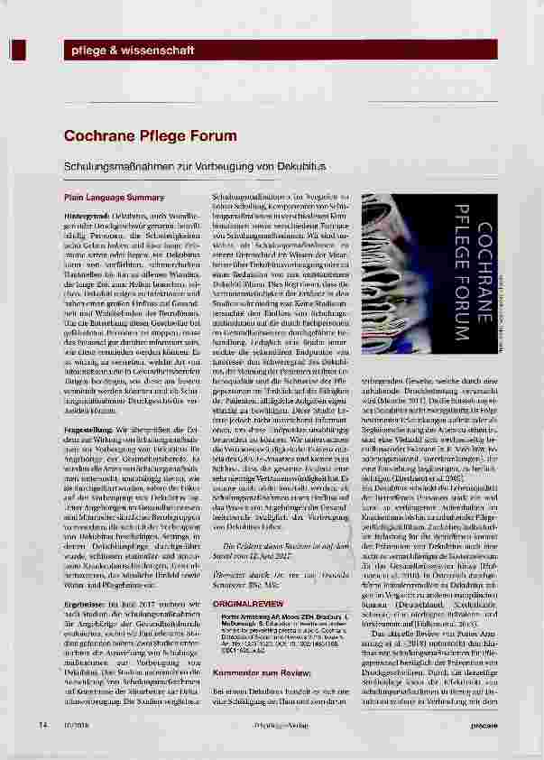 Vorschauseite 1: Cochrane Pflege Forum Schulungsmaßnahmen zur Vorbeugung von Dekubitus