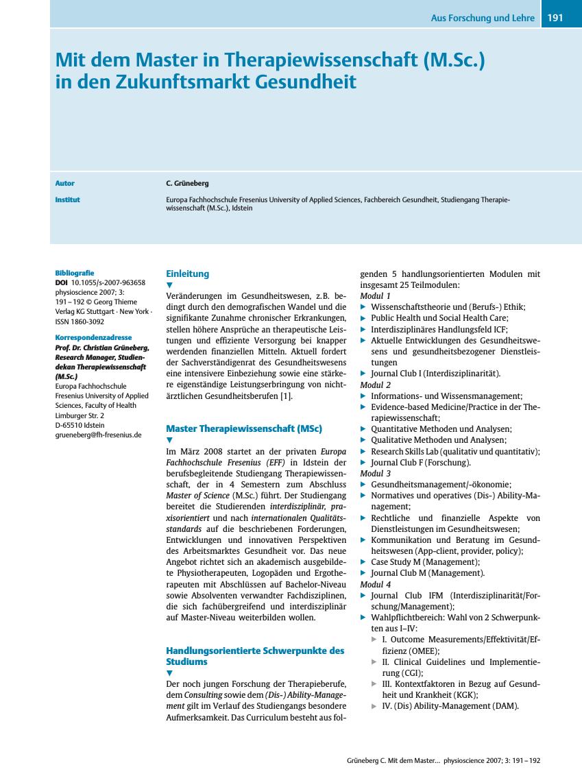 Vorschauseite 1: Mit dem Master in Therapiewissenschaft (M.Sc.) in den Zukunftsmarkt Gesundheit