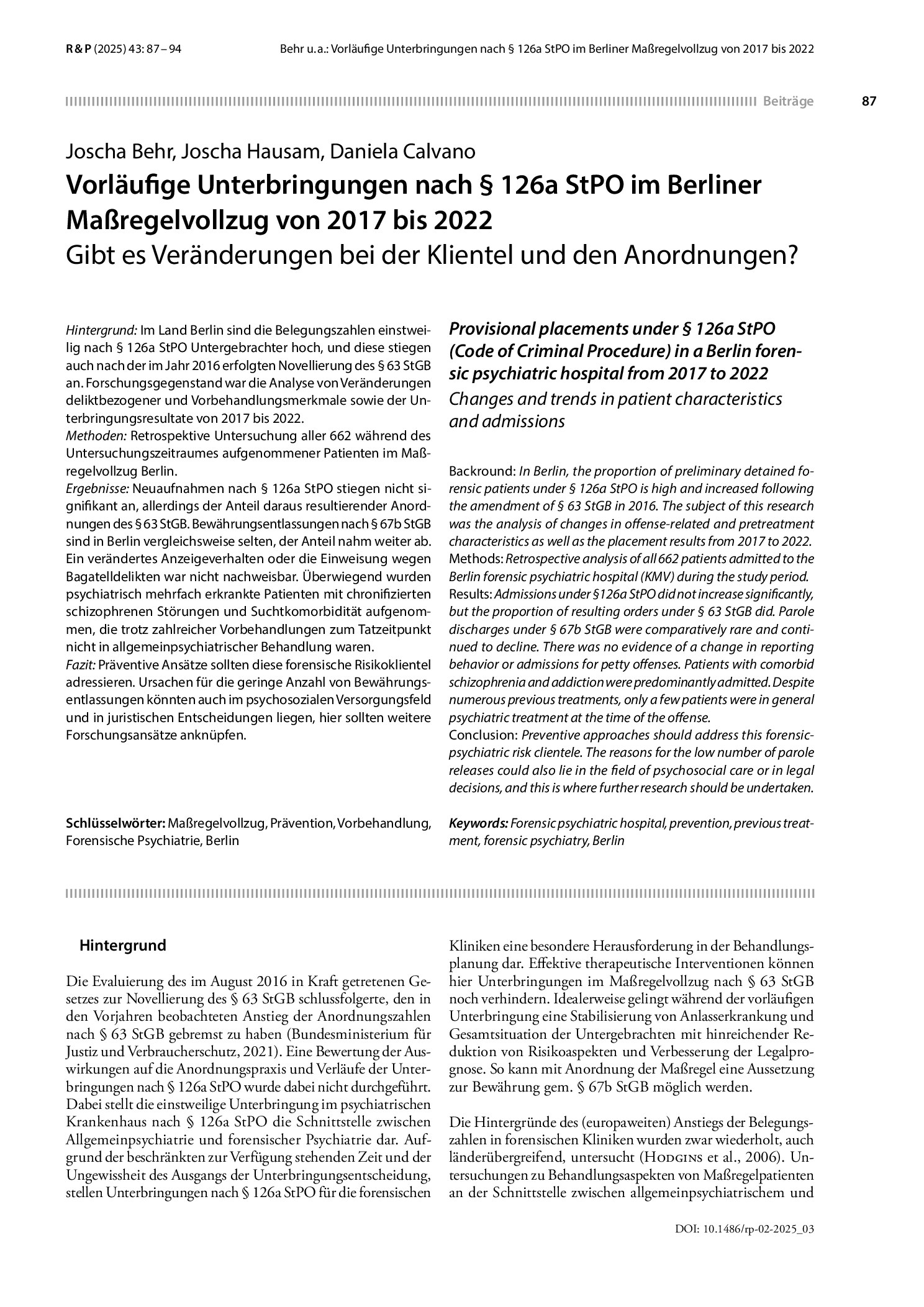 Vorschauseite 1: Vorläufige Unterbringungen nach § 126a StPO im Berliner Maßregelvollzug von 2017 bis 2022: Gibt es Veränderungen bei der Klientel und den Anordnungen?