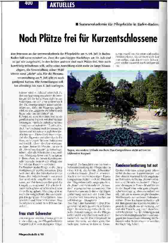 Vorschauseite 1: Noch Plätze frei für Kurzentschlossene Sommerakademie für Pflegekräfte in Baden-Baden