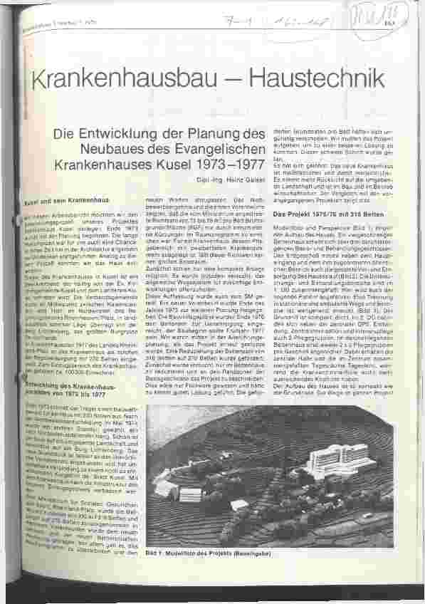 Vorschauseite 1: Die Entwicklung der Planung des Neubaues des Evangelischen Krankenhauses Kusel 1973 - 1977