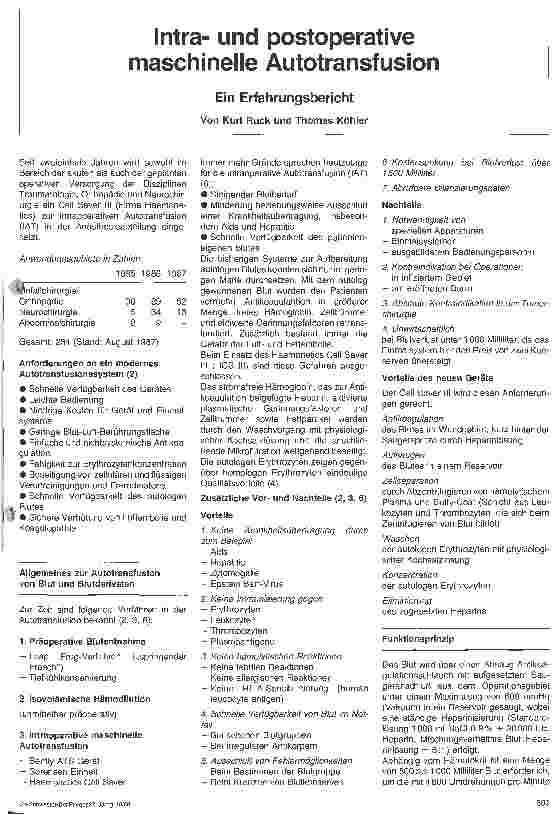 Vorschauseite 1: Intraund postoperative maschinelle Autotransfusion Ein Erfahrungsbericht