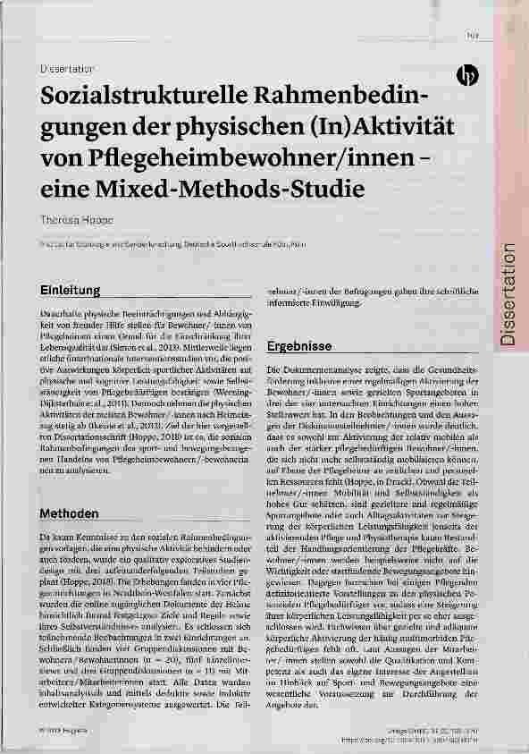 Vorschauseite 1: Sozialstrukturelle Rahmenbedingungen der physischen (In) Aktivität von Pflegeheimbewohner/innen eine Mixed-Methods-Studie